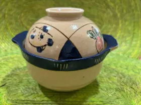 92157 Donabe Japanese Earthenware Pot Blue Flower 6 Inch Bowl