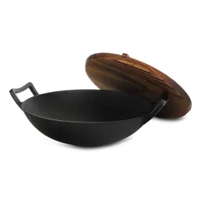 Elama 840191201639 Megachef 2 Piece 14 Inch Heavy Duty Cast Iron Wok With Wood Lid