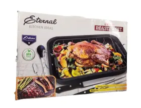 Eternal 750253941147 Black Carbon Steel Roaster With V-shaped Roasting Rack 6 Piece Set