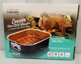 Everyday Everyway 814805023085 Copper Nonstick Roaster With Heavy Duty Steel Rack 16 Inch X 12 3.5 Extra Deep