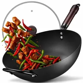 Wok01 Fgj Wok 13 Inch Carbon Steel Woks And Stir-fry Pans Nonstick Pre-seasoned 5.8 Quart Fla