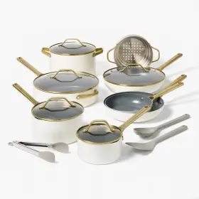 94304018 Figmint 16pc Nonstick Ceramic Coated Aluminum Cookware Set With Champagne Handle Cream