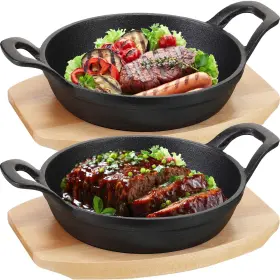 Goo-foldtier-6688 Foldtier 2 Set Small Cast Iron Skillets With Wooden Base Mini Round Heavy Duty Fajita