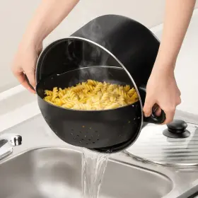 355877 Fox Valley Traders Non-stick Easy Strain Pot Tilt Cookware 3-pc Black Clear Steam Release Lid New