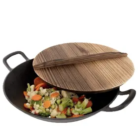 124977.02 General Store Addlestone 2 Piece 14 Inch Heavy Duty Cast Iron Wok W Wood Lid
