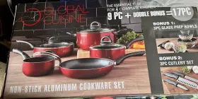 Global Cuisine 048552688598 Cookware Nonstick 9 Pc.aluminum Set 5pc Glass Bowls 3pc Knife New