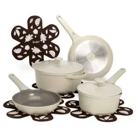 88243494 Goodful 10pc Cast Ceramic Set Fry Pan Dutch Oven 2 Quart 4.5 Cream