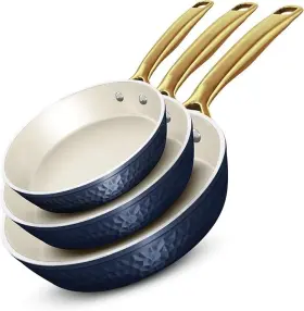 Gotham Steel 080313060809 3-piece Hammered Fry Pan Set Cream/navy/gold Nonstick Ceramic