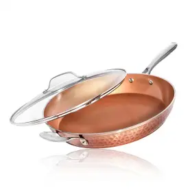 Gotham Steel 313111553519 Hammered Copper 14 Inch Aluminum Non-stick Xl Family Frying Pan With Glass Lid