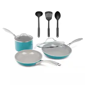Gotham Steel 445041293210 8-piece Aluminum Ceramic Coating Nonstick Cookware Set In Aqua Blue