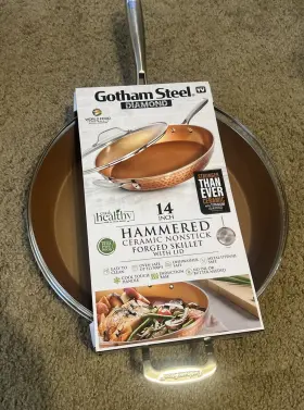 7450 Gotham Steel Hammered 14 Inch Nonstick Frying Pan Large Skillet With Glass Lid