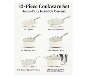 K99850 Gotham Steel Authentic - Cream 12 Piece Nonstick Ceramic Cookware Set Free Ship