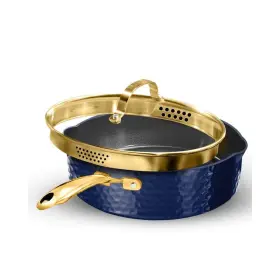 9104 Granitestone Deep Saute Pan 4 Quart Navy Aluminum Hammered Nonstick Strainer Lid