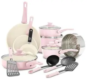 Cc002377-001 Greenlife Soft Grip Non-toxic Pfas-free Ceramic 16 Piece Cookware Set Pink