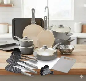 Cc006553-001 Greenlife 18-piece Ceramic Non-stick Cookware Set Soft Grip Toxin-free Gray