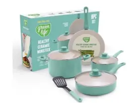 Cc009158-001 Greenlife 8 Piece Ceramic Nonstick Cookware Set Turquoise
