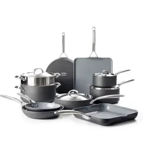 Greenpan 445023427435 Paris Pro 14 Piece Hard Anodized Ceramic Nonstick Cookware Set Display