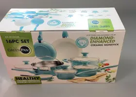 Greenpan 885837026290 Rio Healthy Ceramic Nonstick 16 Piece Cookware Pots And Pans Set Pfa