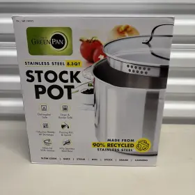 Greenpan 885837039849 8.3 Quart Stainless Steel Stockpot Straining Glass Lid 3 Ply Base New