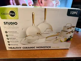 90540318 Greenpan Studio 12pc Aluminum Ceramic Nonstick Cookware Set Linen