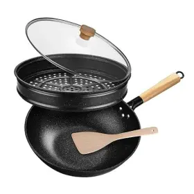 Wok1205 Hanle Non-stick Wok With Steamer Basket 12 Inches Stir Fry Pans Lid Flat