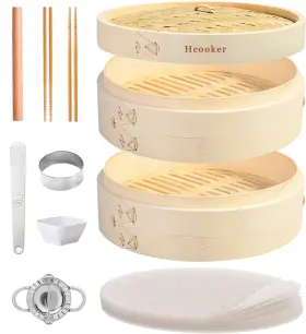 Zcg210 Hcooker Bamboo Steamer Basket Set 10-inch 2-tier For Cooking Chopsticks L Inch