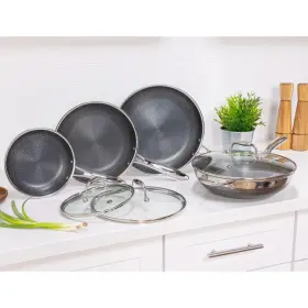 Hexclad 859006007083 7-piece Cookware Set 3 Frying Pans/3 Lids/1 Wok Stainless Steel New