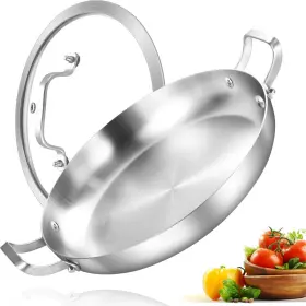 Inqibee B0d574v5ss 13 Inch Stainless Steel Paella Pan Lid Large Frying Skillet Double
