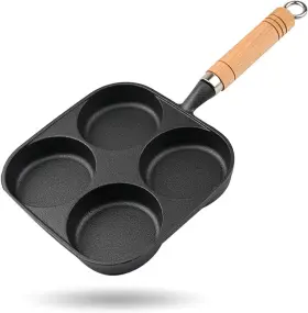 Justup 445043119143 Nonstick Frying Pan 4-cup Cast Iron Egg Divided Grill With Wooden