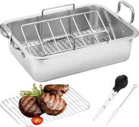 Fn-36 Jy Outdoor 15 Inch Stainless Steel Roasting Pan With V-shaped Rack And Turkey Baster - Rect