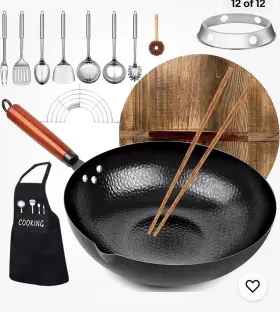 Kaqinu 711181380910 14-piece Carbon Steel Wok And Stir-fry Pan Set With Wooden Lid - 12.6ftft