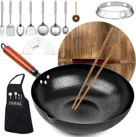 Kaqinu 726084194465 Carbon Steel Wok Pan 14 Piece Woks And Stir-fry Pans Set With Wooden Lid Cookware