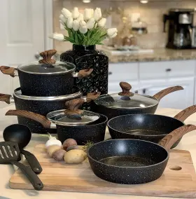 Kitchen Academy 616985809769 Induction Cookware Sets - 12 Piece Cooking Pan Set Granite Black Nonstick Po