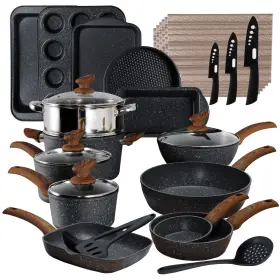 Ka-cs01-015 Kitchen Academy Induction Cookware And Bakeware Set - 30 Piece Black Granite Cooking Pans