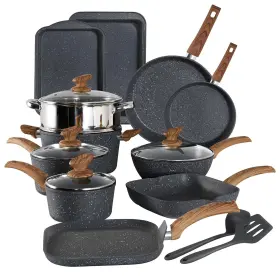 Ka-cs01-014-bgrey Kitchen Granite 17-piece Black Non-stick Cookware Set Pots And Pans