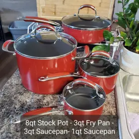 Kitchenaid 051153801280 8-pce Set Hard Anodized Safe Non-stick Red Fry Pan Stockpot Saucepan