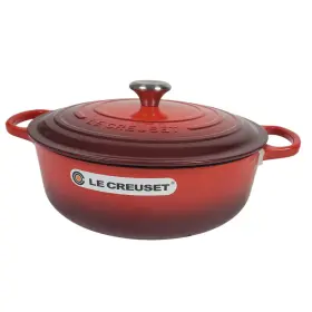 Le Creuset 024147261223 Cast Iron Round Wide Dutch Oven 6.75 Quart Cerise Small Crack In Lid