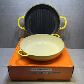 Le Creuset 024147283140 Multi-function 3.5 Quart Cast Iron Braiser With Grill Pan Lid Dijon Yellow
