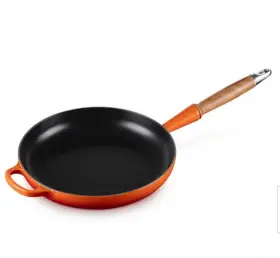 Le Creuset 024147324270 Enameled Cast Iron Alpine Wood Handled Skillet 10.25 Inch Flame Orange