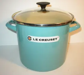 Le Creuset 630870276870 New Open Box Stock Pot 8 Quart Enamel On Steel Turquoise With Glass Lid