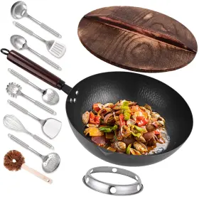 Leidawn 728301927375 12.8 Inch Carbon Steel Wok-11pcs Woks And Stir Fry Pans Wok Pan With Lid No Chemic