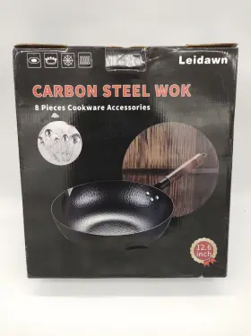 Wok-11 Leidawn 12.8 Inch Carbon Steel Wok 9 Piece Accessories Stir Fry Pan Wooden Handle