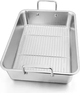 Leonyo 313023460462 14 Inch Roasting Pan With Rack Large Turkey Stainless Stee
