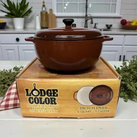 Lodge 075536462837 Vtg Color Brown Ombr 6 Quart Enamel Cast Iron Dutch Oven Boxed Safe