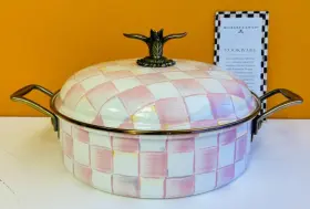 89253-740 Mackenzie-childs Rosy Check Casserole 5 Qt. Hand Painted. New