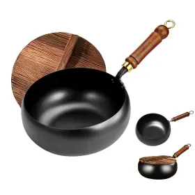 Tg-24 Mactano Uncoated Iron Pan Nonstick Wok Hand Forged With Lid Stir Fr