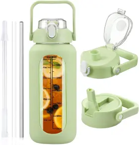 Mainstays 313021096083 64 Oz Glass Water Bottle With Straw And 2 Lids Half Gallon Sl