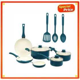 5211786848 Mainstays 12 Piece Ceramic Nonstick Aluminum Pots And Pans Cookware Set Blue New