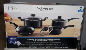 Mainstays 972670474989 7 Piece Nonstick Dishwasher Safe Cookware Set Black Open Box New