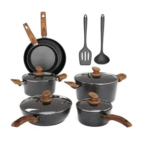 Maison Arts 670724035765 Pots And Pans Set Non Stick 12 Piece Black Granite Kitchen Cookware Inductio